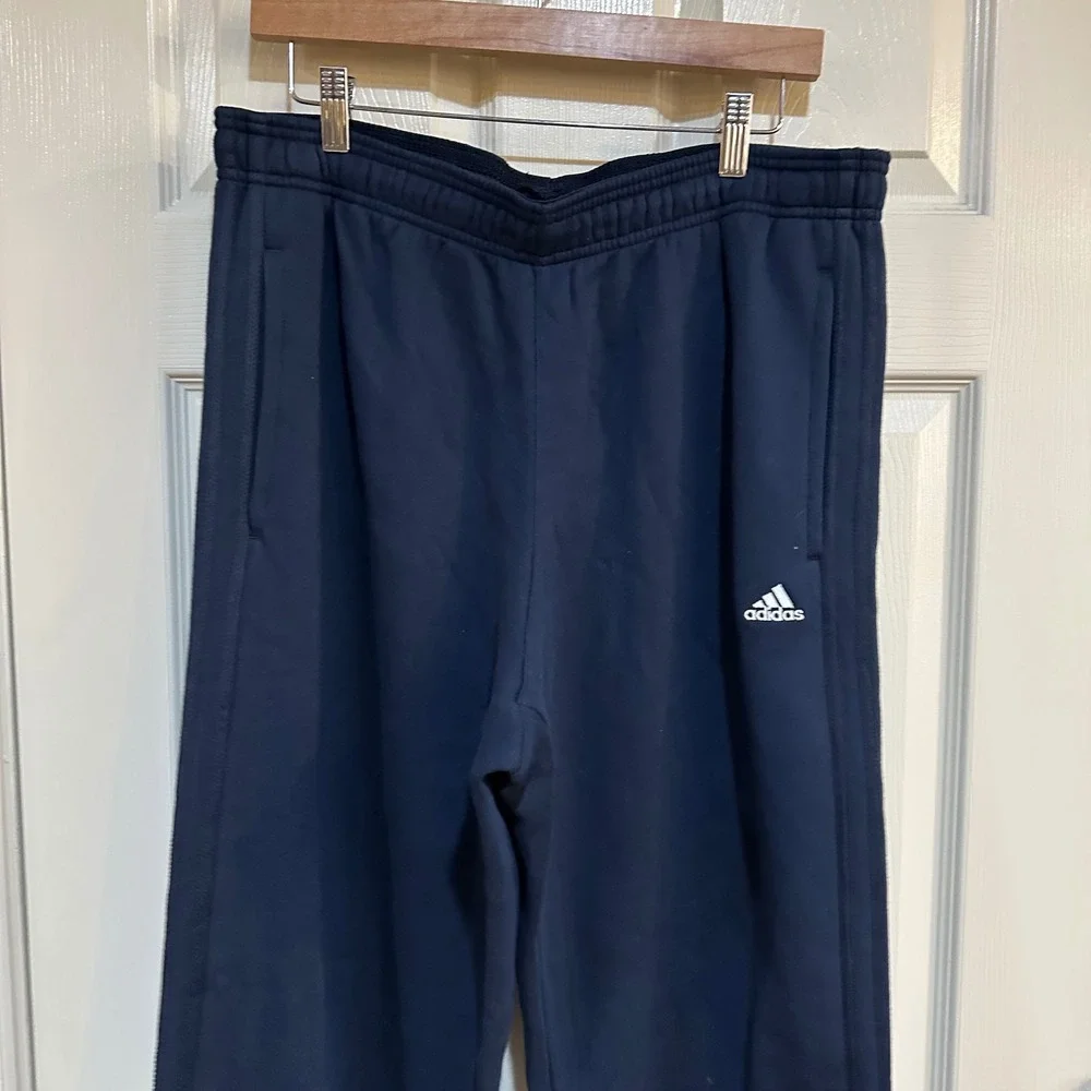 Adidas Navy Blue Fleece Sweatpants Mens Large Straight Leg 3‎ Stripe Track Pants
